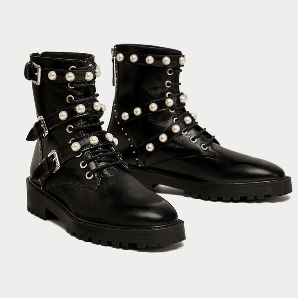 Zara Leather Faux Pearl Boots